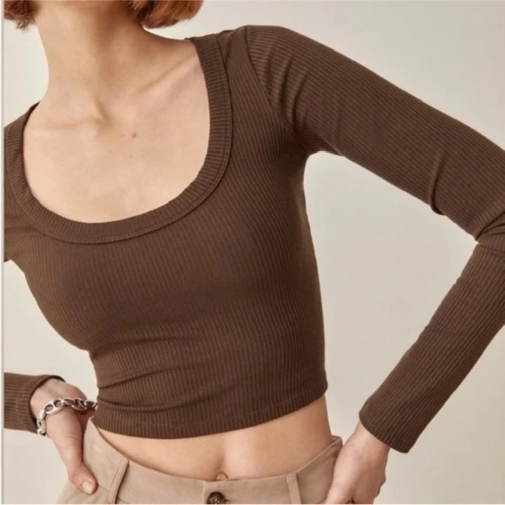 Reformation Paige Ribbed Long Sleeve Crop Top in Chocolate Size Extra Large